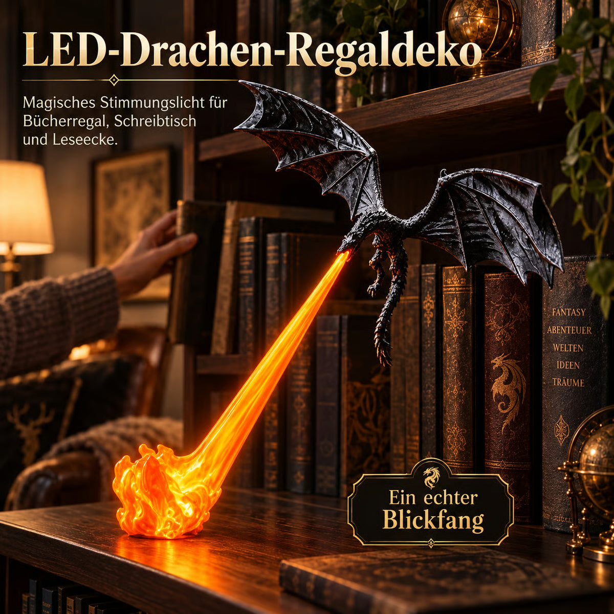🐉 LED-Drachen-Regaldeko mit leuchtendem Feuer