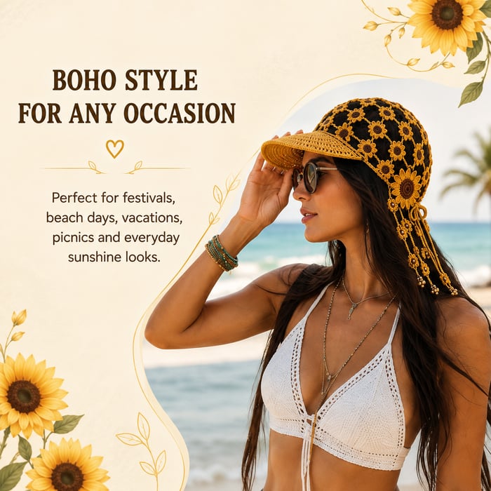 🌻 Handmade Sunflower Crochet Hat | Breathable Open-Knit Boho Design with Dimensional Flowers, Floral Tassels & Adjustable Back Tie 👒