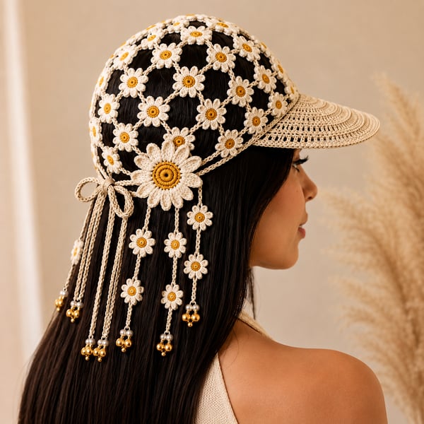 🌻 Handmade Sunflower Crochet Hat | Breathable Open-Knit Boho Design with Dimensional Flowers, Floral Tassels & Adjustable Back Tie 👒