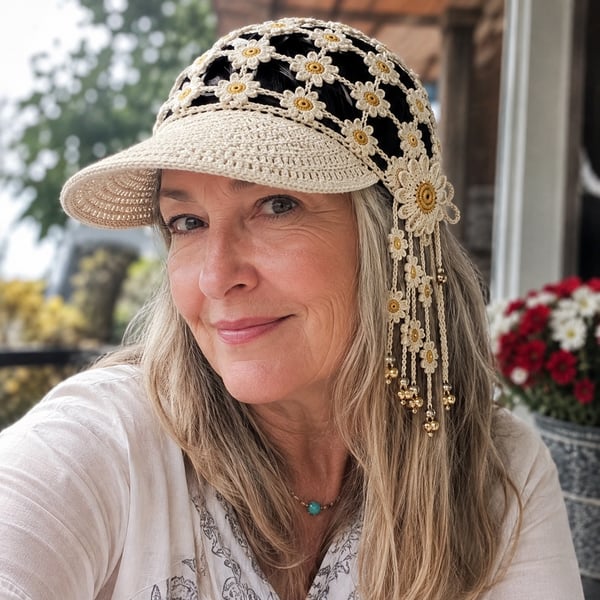 🌻 Handmade Sunflower Crochet Hat | Breathable Open-Knit Boho Design with Dimensional Flowers, Floral Tassels & Adjustable Back Tie 👒