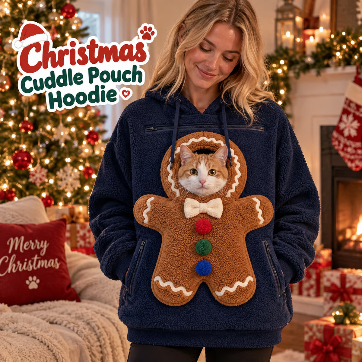 🎄 Christmas Cuddle Pouch Hoodie – Cozy Pet Pouch Sweatshirt for Cat Lovers