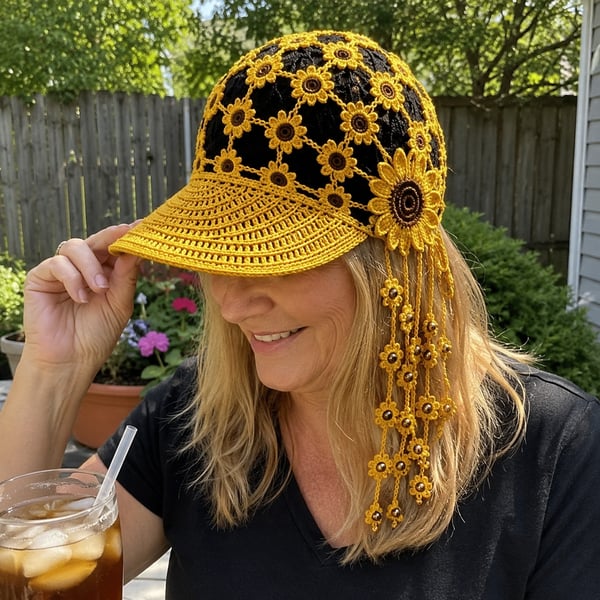 🌻 Handmade Sunflower Crochet Hat | Breathable Open-Knit Boho Design with Dimensional Flowers, Floral Tassels & Adjustable Back Tie 👒