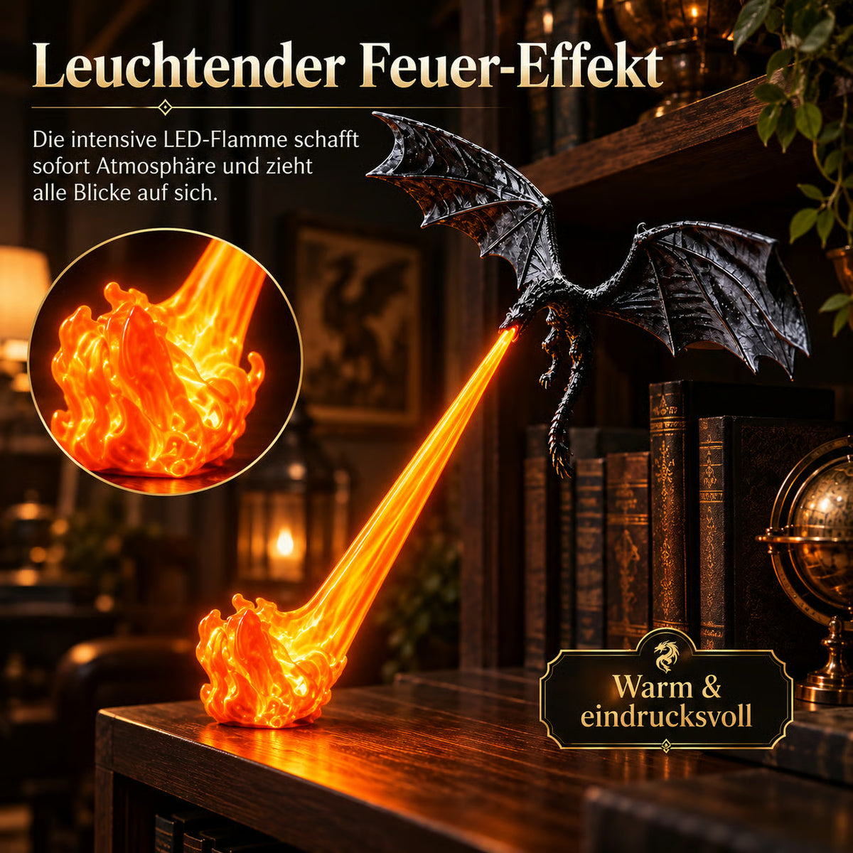 🐉 LED-Drachen-Regaldeko mit leuchtendem Feuer