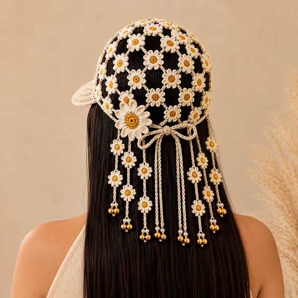 🌻 Handmade Sunflower Crochet Hat | Breathable Open-Knit Boho Design with Dimensional Flowers, Floral Tassels & Adjustable Back Tie 👒