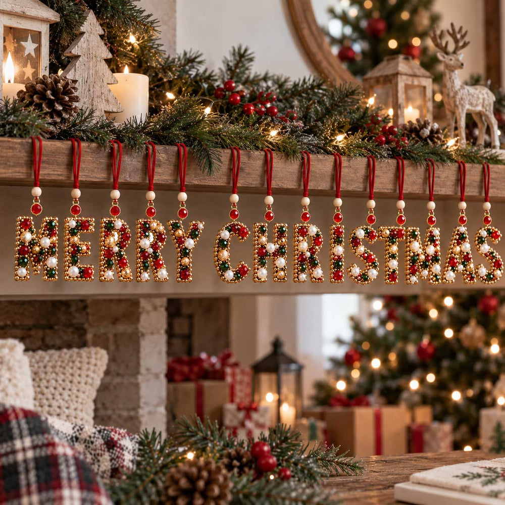 Merry Christmas beaded letter ornament display