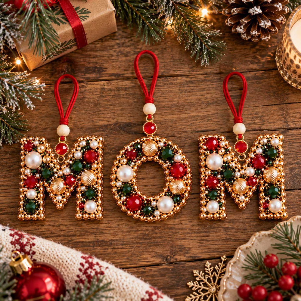 MOM beaded Christmas letter ornaments