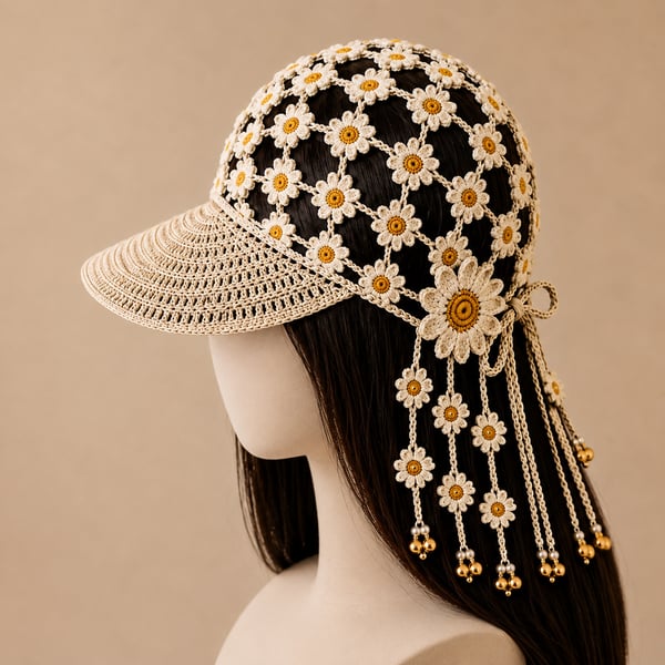 🌻 Handmade Sunflower Crochet Hat | Breathable Open-Knit Boho Design with Dimensional Flowers, Floral Tassels & Adjustable Back Tie 👒