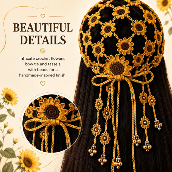🌻 Handmade Sunflower Crochet Hat | Breathable Open-Knit Boho Design with Dimensional Flowers, Floral Tassels & Adjustable Back Tie 👒