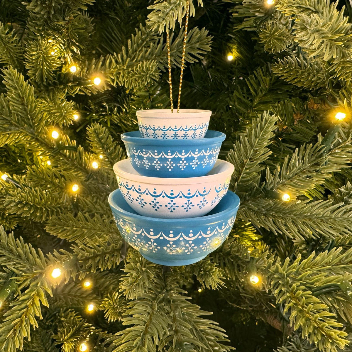 Retro Miniature Kitchen Bowl Stack Christmas Ornament Decor - Snowflake Blue