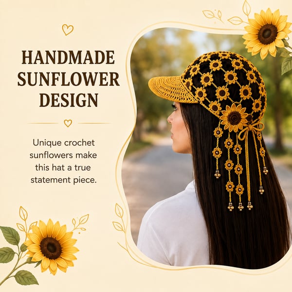 🌻 Handmade Sunflower Crochet Hat | Breathable Open-Knit Boho Design with Dimensional Flowers, Floral Tassels & Adjustable Back Tie 👒