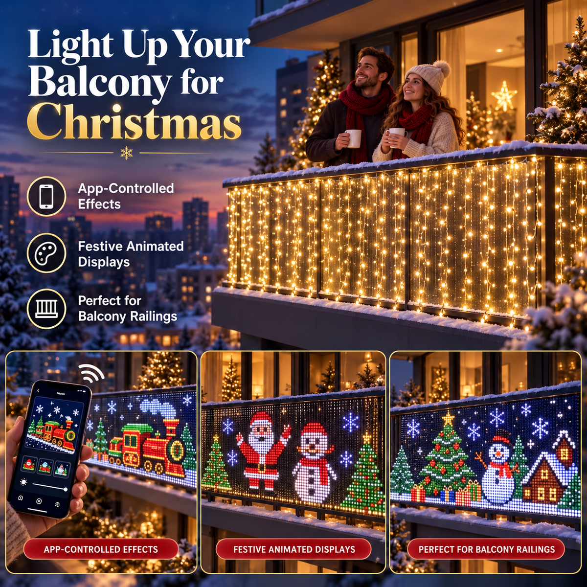 🎄 Smart RGB Pixel Curtain Lights – App-Controlled Animated Holiday Display for Balcony & Window Decor-2.4m*2.4m