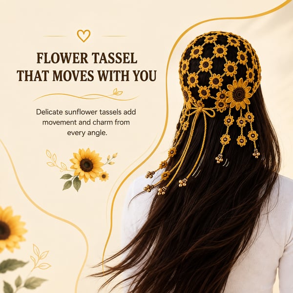 🌻 Handmade Sunflower Crochet Hat | Breathable Open-Knit Boho Design with Dimensional Flowers, Floral Tassels & Adjustable Back Tie 👒
