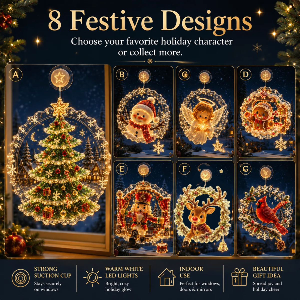 ✨Last Day 50% OFF🎄Lighted Christmas Window Decoration with Suction Cup– 8 Warm LED Festive Designs✨