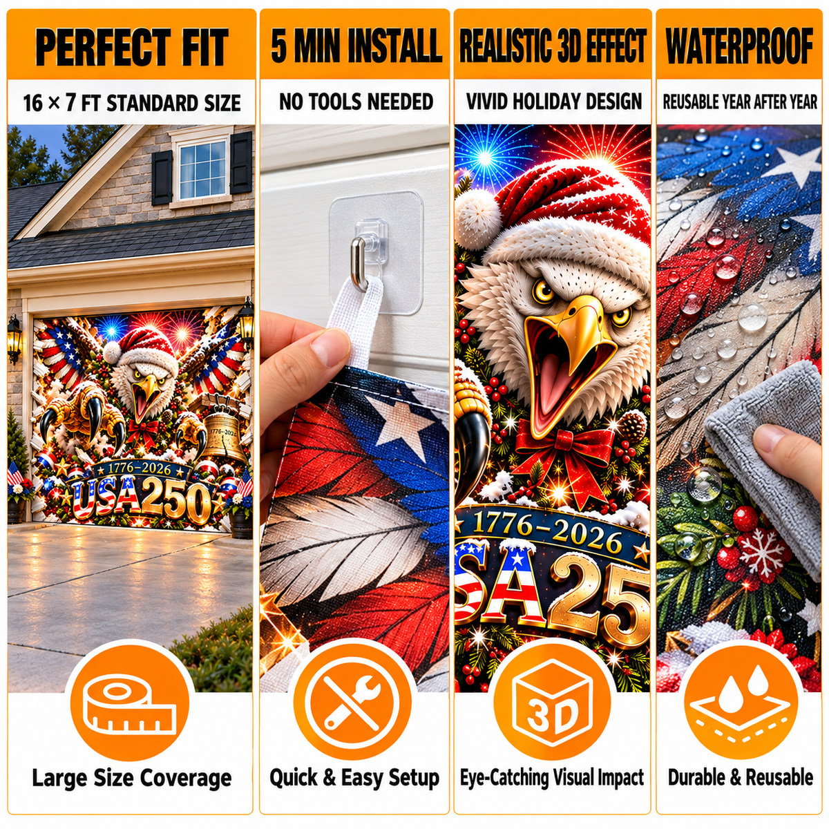 USA 250th Anniversary Christmas 3D Garage Door Banner