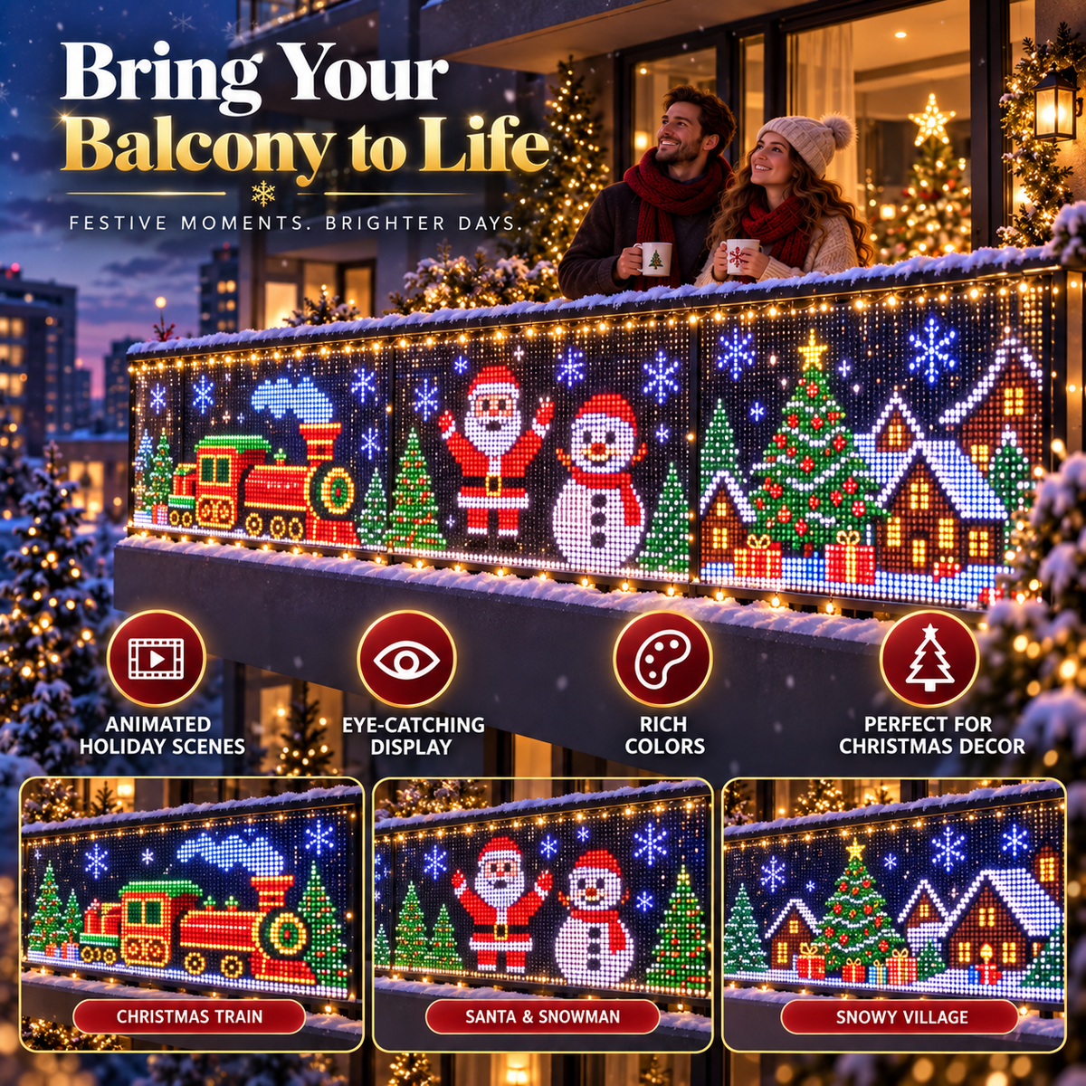 🎄 Smart RGB Pixel Curtain Lights – App-Controlled Animated Holiday Display for Balcony & Window Decor-2.4m*2.4m