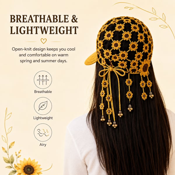 🌻 Handmade Sunflower Crochet Hat | Breathable Open-Knit Boho Design with Dimensional Flowers, Floral Tassels & Adjustable Back Tie 👒