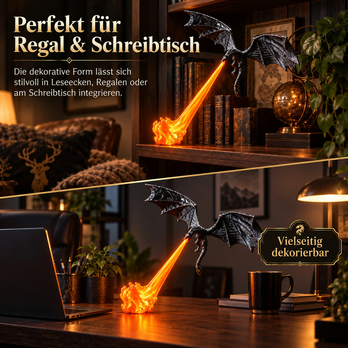 🐉 LED-Drachen-Regaldeko mit leuchtendem Feuer