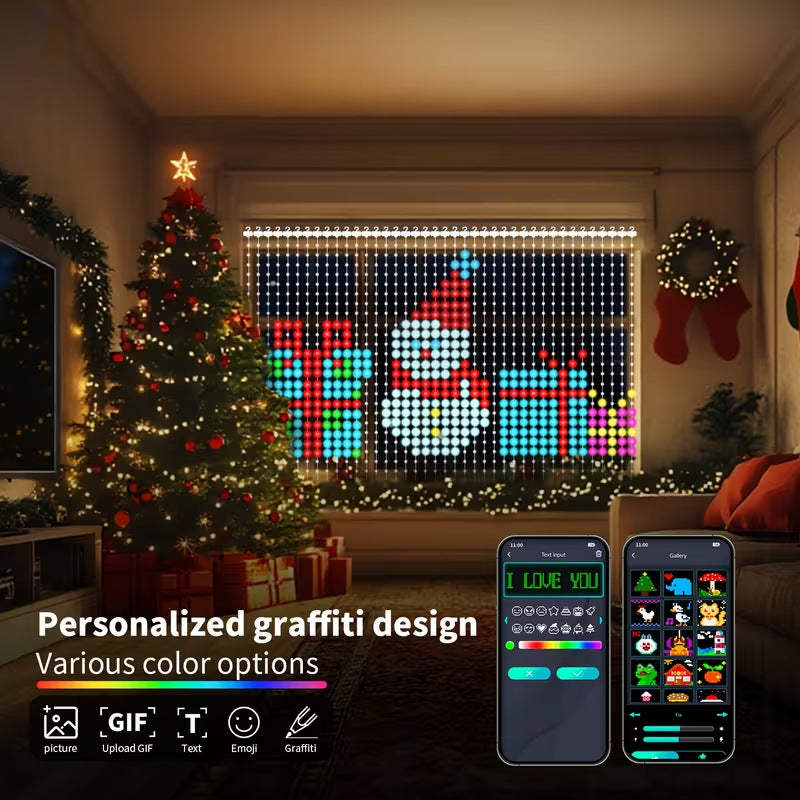 🎄 Smart RGB Pixel Curtain Lights – App-Controlled Animated Holiday Display for Balcony & Window Decor-2.4m*2.4m