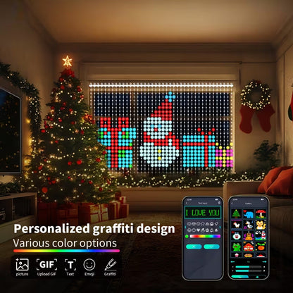 🎄 Smart RGB Pixel Curtain Lights – App-Controlled Animated Holiday Display for Balcony & Window Decor-2.4m*2.4m