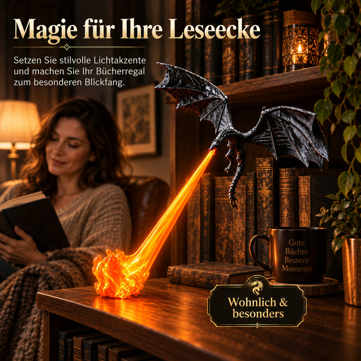 🐉 LED-Drachen-Regaldeko mit leuchtendem Feuer