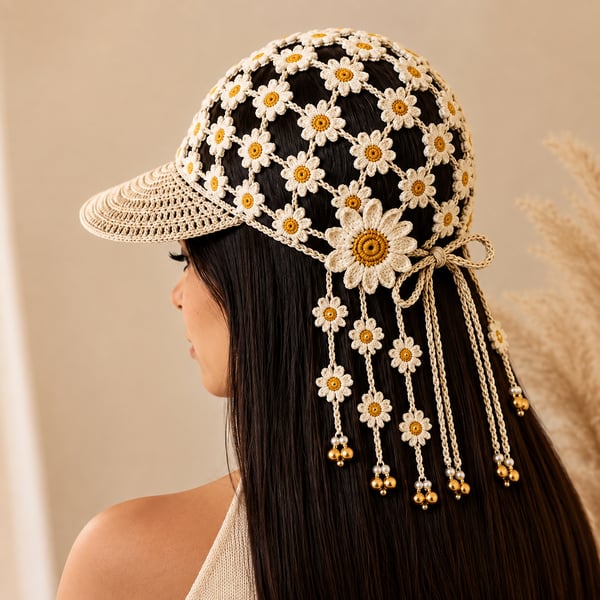 🌻 Handmade Sunflower Crochet Hat | Breathable Open-Knit Boho Design with Dimensional Flowers, Floral Tassels & Adjustable Back Tie 👒