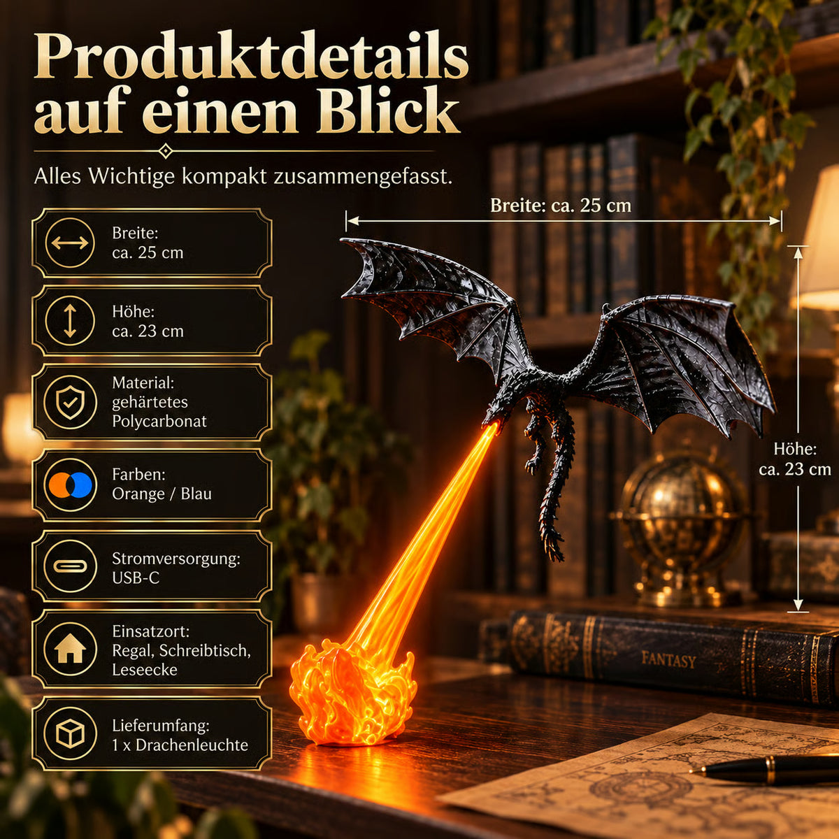🐉 LED-Drachen-Regaldeko mit leuchtendem Feuer