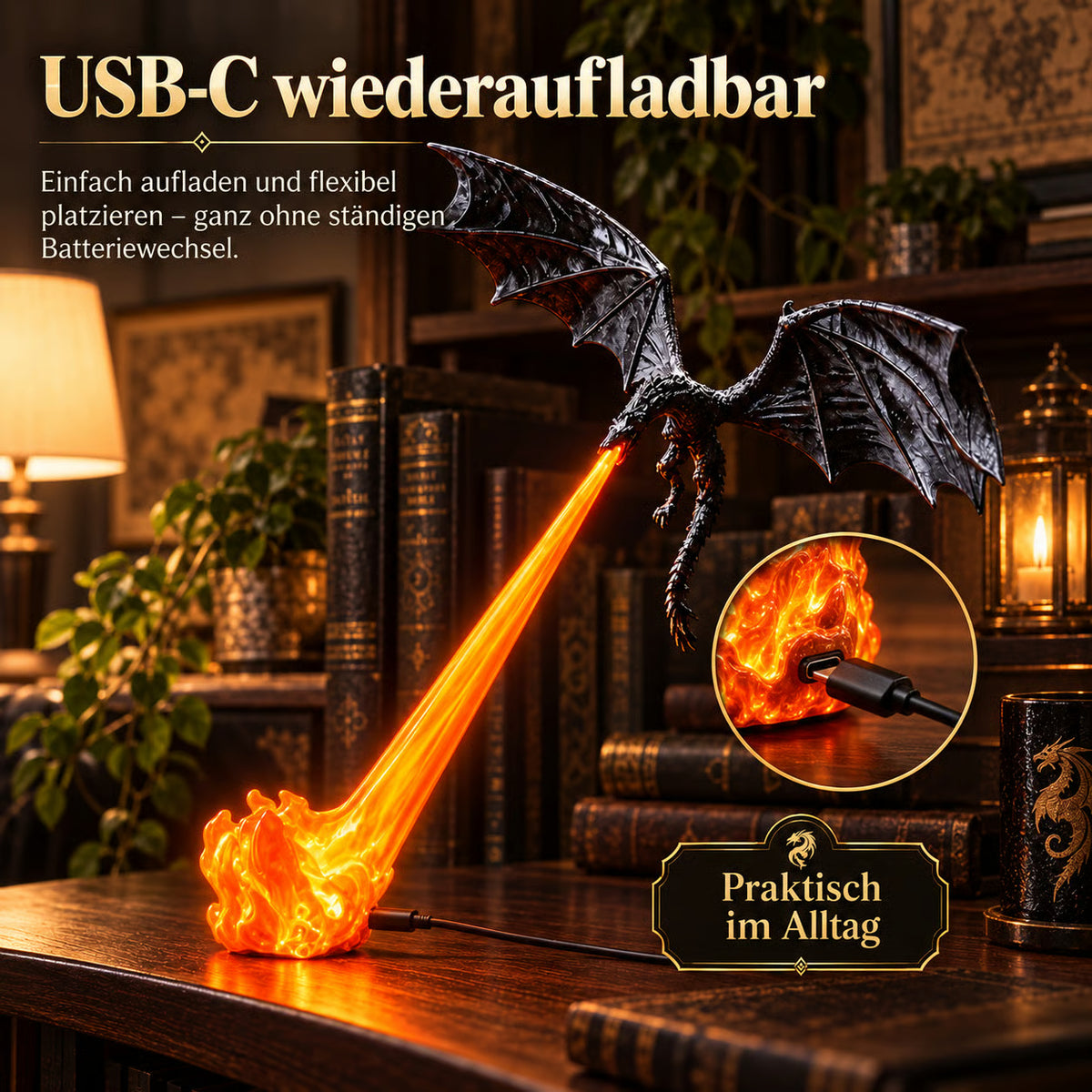 🐉 LED-Drachen-Regaldeko mit leuchtendem Feuer