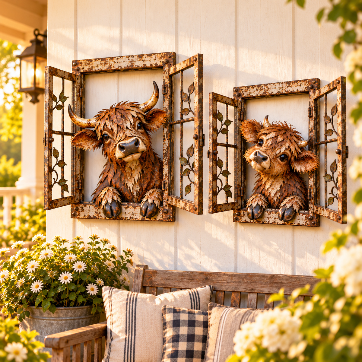 Rustic Peek-A-Boo Metal Highland Cow Window Wall Art