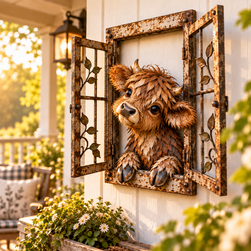 Rustic Peek-A-Boo Metal Highland Cow Window Wall Art